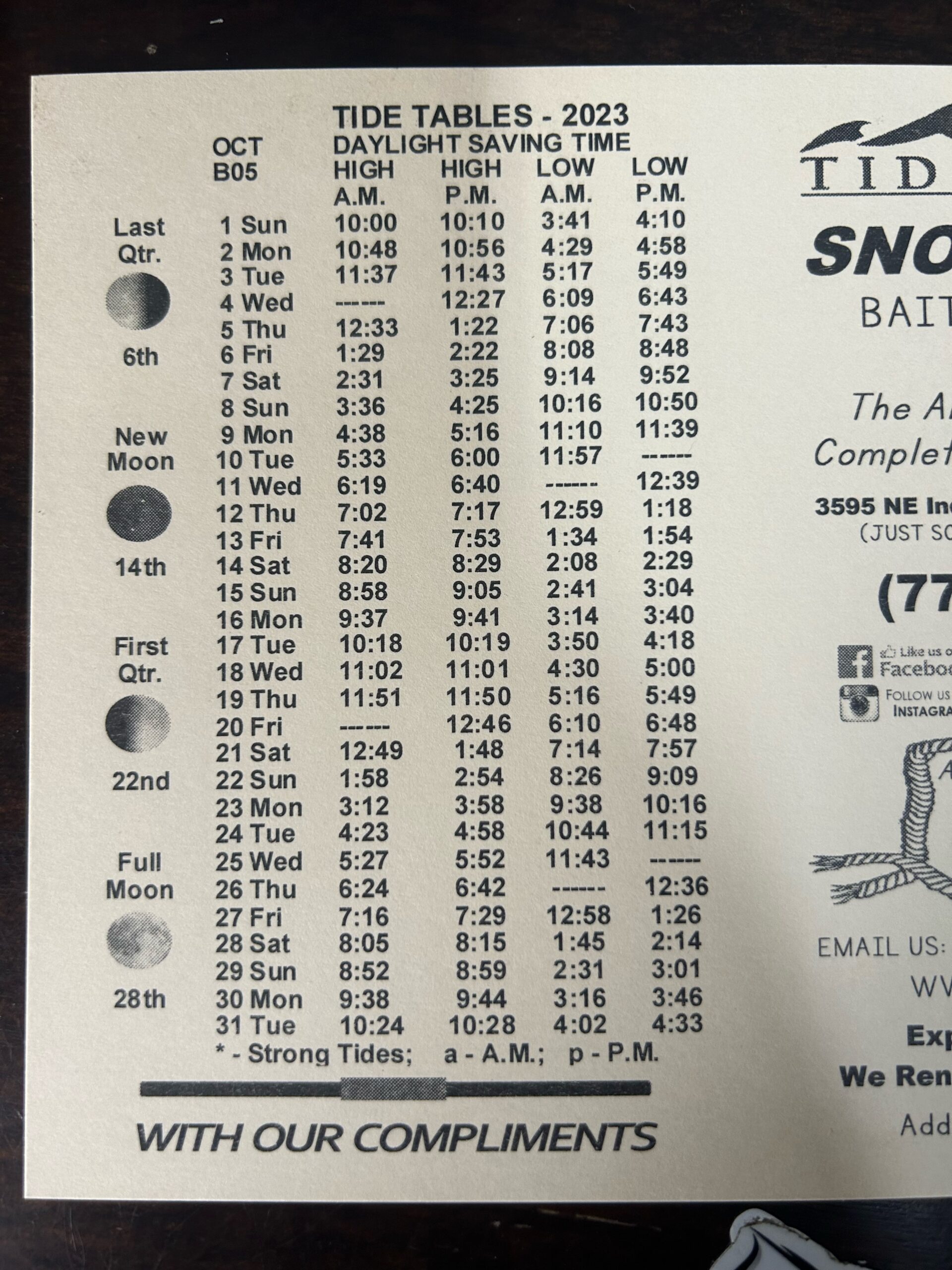 October 2023 Tide Chart Snook Nook Bait & Tackle Jensen Beach, Florida