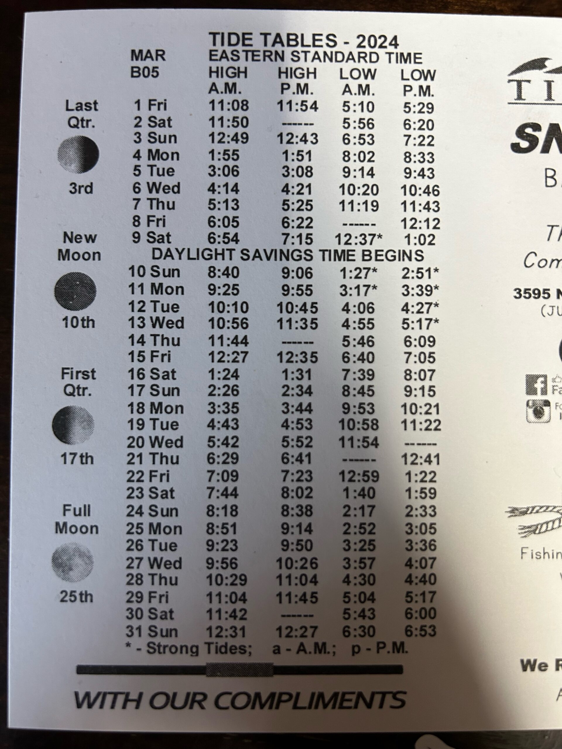 March 2024 Tide Chart - Snook Nook Bait & Tackle | Jensen Beach, Florida